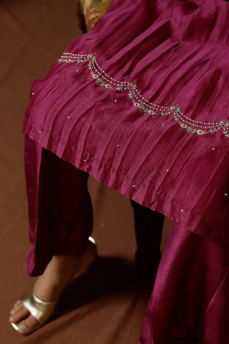 Buy_Chokhi Chorri_Magenta Kurta Silk Chanderi Embroidered Sequin Turmali A-line And Pant Set _Online_at_Aza_Fashions