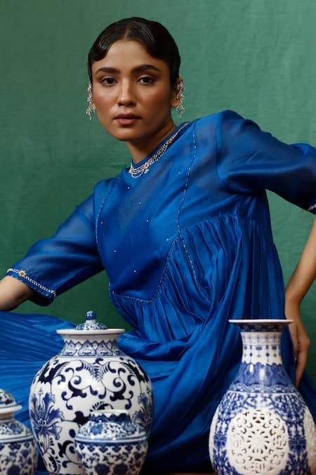 Chokhi Chorri_Blue Kurta Silk Chanderi Embroidered Sequin Neelamani Gathered And Pant Set _Online_at_Aza_Fashions