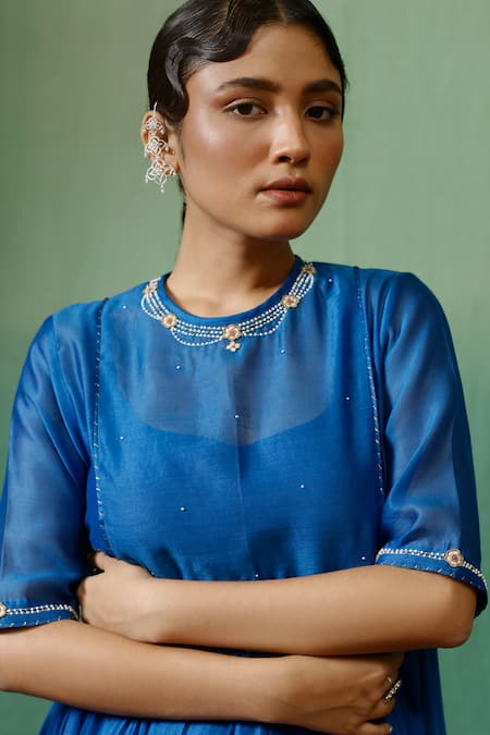 Buy_Chokhi Chorri_Blue Kurta Silk Chanderi Embroidered Sequin Neelamani Gathered And Pant Set _Online_at_Aza_Fashions