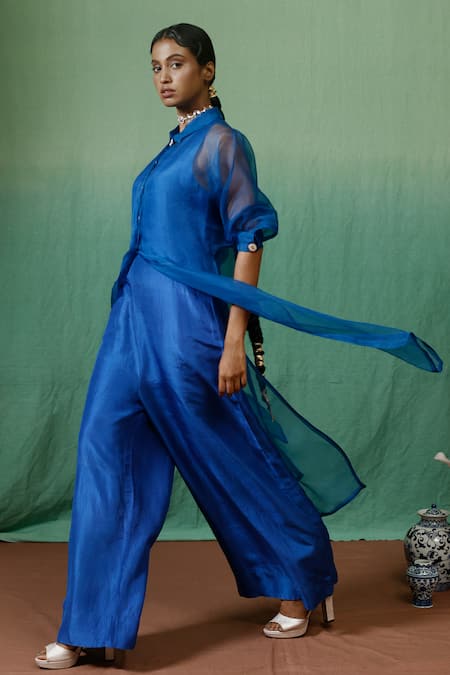 Chokhi Chorri_Blue Organza, Sequins Collared, V-neck Kamak Jacket And Jumpsuit Set _Online_at_Aza_Fashions
