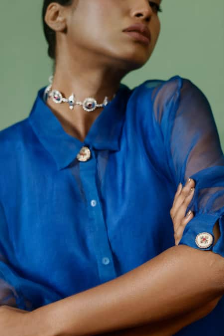 Buy_Chokhi Chorri_Blue Organza, Sequins Collared, V-neck Kamak Jacket And Jumpsuit Set _Online_at_Aza_Fashions