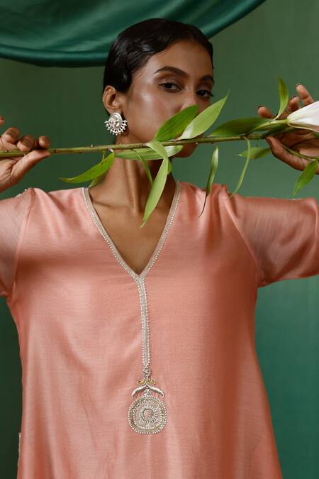 Shop_Chokhi Chorri_Pink Silk, Chanderi Beads, Zari V-neck Gulab Embroidered Yoke Dress _Online_at_Aza_Fashions