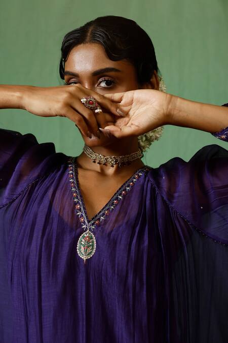 Chokhi Chorri_Purple Kurta Malai Chanderi Embroidered Sequin Hiranya Yoke Gathered Set _Online_at_Aza_Fashions