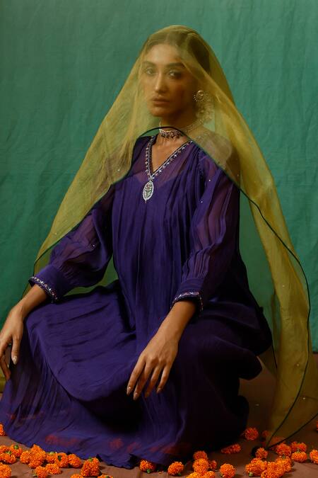Shop_Chokhi Chorri_Purple Kurta Malai Chanderi Embroidered Sequin Hiranya Yoke Gathered Set _Online_at_Aza_Fashions