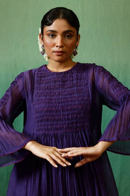 Chokhi Chorri_Purple Kurta Malai Chanderi Embroidered Bead Work Jamuni Gathered And Pant Set _Online_at_Aza_Fashions