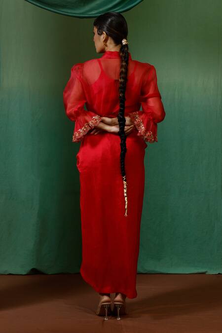 Shop_Chokhi Chorri_Pink Shirt Organza Embroidered Sequin Shirt Collar Roop Draped Skirt Set _at_Aza_Fashions