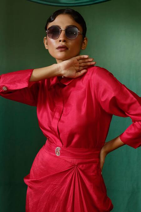 Chokhi Chorri_Pink Silk Sequins, Zari, Embroidery Collared Roop Shirt Draped Skirt Set _Online_at_Aza_Fashions