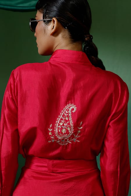 Buy_Chokhi Chorri_Pink Silk Sequins, Zari, Embroidery Collared Roop Shirt Draped Skirt Set _Online_at_Aza_Fashions