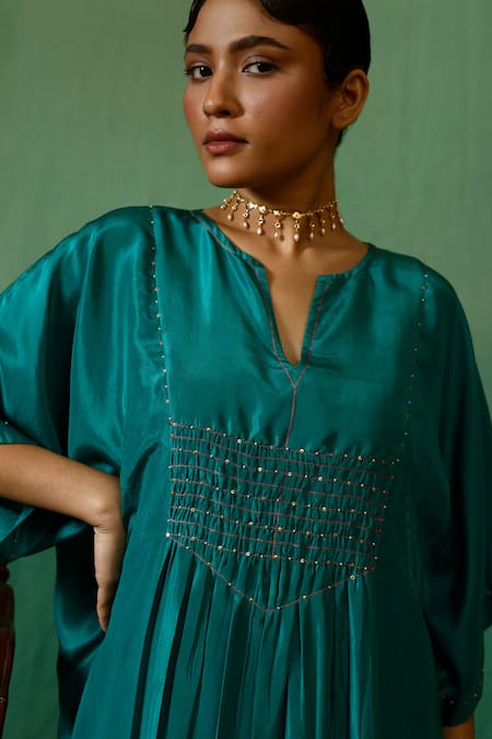 Chokhi Chorri_Green Silk Beads, Embroidery Round Neck Ratnika Smocked Yoke Dress _Online_at_Aza_Fashions