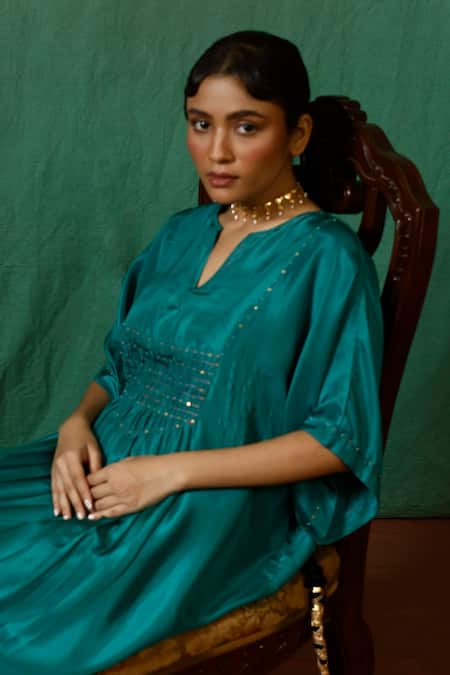 Buy_Chokhi Chorri_Green Silk Beads, Embroidery Round Neck Ratnika Smocked Yoke Dress _Online_at_Aza_Fashions