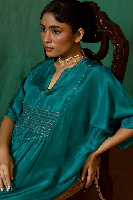 Shop_Chokhi Chorri_Green Silk Beads, Embroidery Round Neck Ratnika Smocked Yoke Dress _Online_at_Aza_Fashions