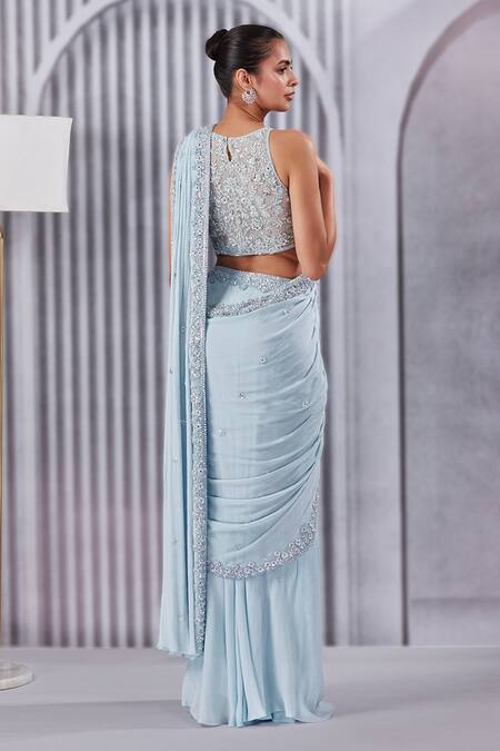 Shop Pritika Vora Blue Saree Crepe Chiffon Embroidered Sequins High Neck Pre-draped With Blouse at Aza Fashions Shop_Pritika Vora_Blue Saree Crepe Chiffon Embroidered Sequins High Neck Pre-draped With Blouse_at_Aza_Fashions