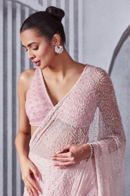 Buy Light Pink Net Saree With Net Blouse Online - SARV02652 | Andaaz Fashion