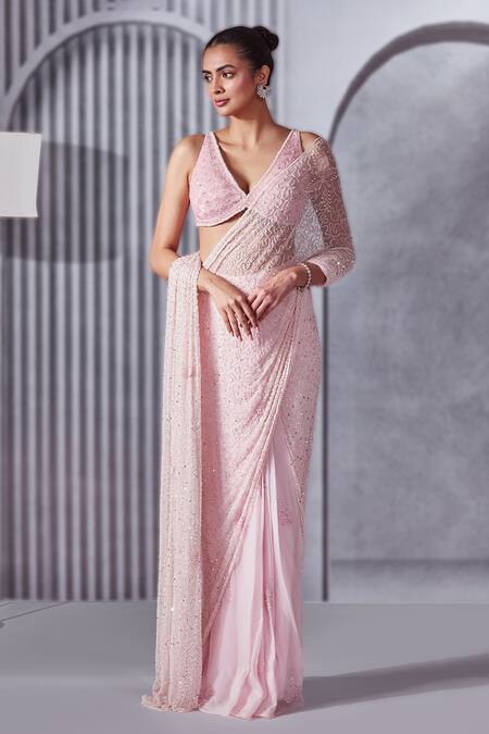 Buy_Pritika Vora_Pink Saree Net And Organza Embroidered Sequins V Neck Pre-draped With Blouse_Online_at_Aza_Fashions