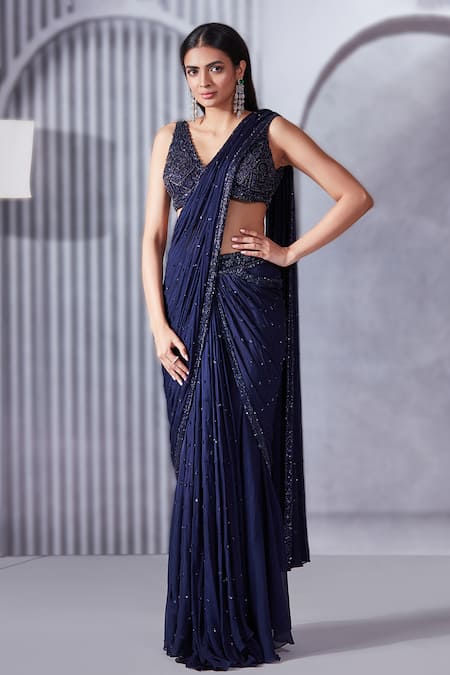 Pritika Vora Blue Saree Crepe Chiffon Embroidered Sequins V Beads Pre-draped With Blouse 