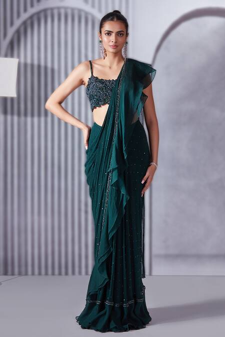 Pritika Vora_Green Saree Georgette And Organza Silk Pre-draped Ruffle With Sleveless Blouse_Online_at_Aza_Fashions