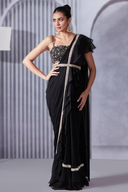 Pritika Vora Border Embroidered Pre-Draped Ruffle Saree Set 