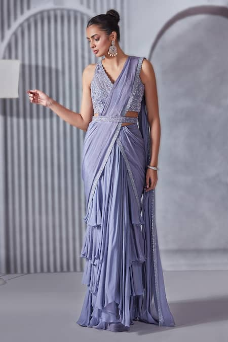 Pritika Vora Border Embroidered Pre-Draped Layered Saree Set 