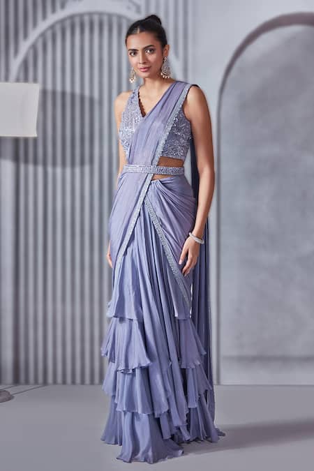 Pritika Vora_Purple Net, Crepe, Chiffon Cut Border Embroidered Pre-draped Layered Saree Set_Online_at_Aza_Fashions