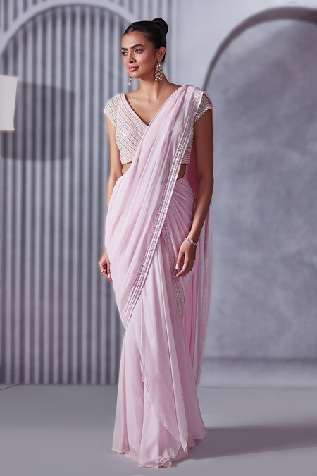 Knitted Lycra Peach Pleated Plain Work Saree With Blouse – BEST SAREE