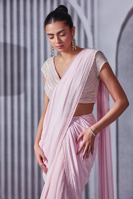 Buy_Pritika Vora_Pink Satin, Georgette Sequins, Border Embroidered Pre-draped Saree With Blouse_Online_at_Aza_Fashions