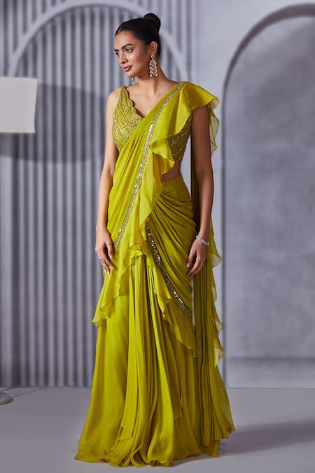 Pritika Vora_Green Net, Linen, Georgette, Organza Border Pre-draped Ruffle Saree With Blouse_Online_at_Aza_Fashions