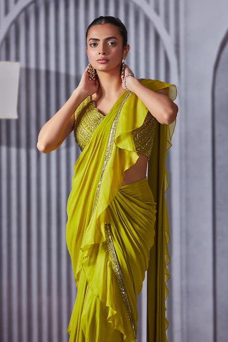 Buy_Pritika Vora_Green Net, Linen, Georgette, Organza Border Pre-draped Ruffle Saree With Blouse_Online_at_Aza_Fashions