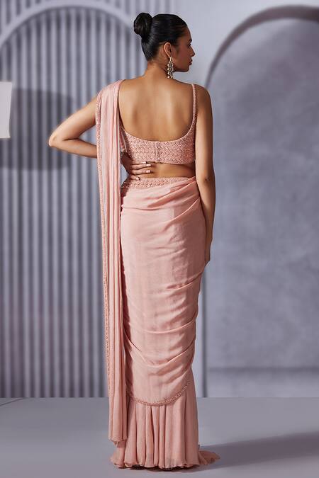Shop_Pritika Vora_Pink Crepe, Chiffon, Net, Linen Border Embroidered Pre-draped Saree With Blouse_at_Aza_Fashions