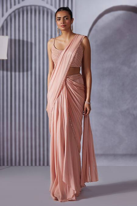 Pritika Vora_Pink Crepe, Chiffon, Net, Linen Border Embroidered Pre-draped Saree With Blouse_Online_at_Aza_Fashions
