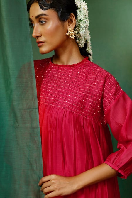 Buy_Chokhi Chorri_Pink Kurta Silk Chanderi Embroidered Zari And Bead Ratna Smocked Yoke & Pant Set _Online_at_Aza_Fashions