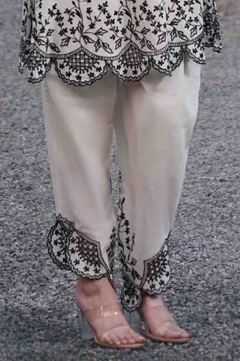 Nazar By Indu_White Cotton Embroidery V-neck Mughal Motif Kurta With Pant _Online_at_Aza_Fashions