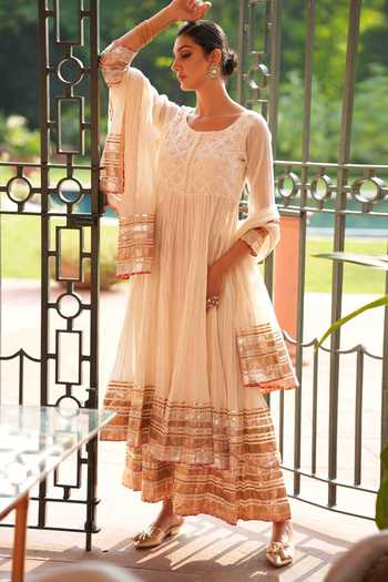 Buy Nazar By Indu White Cotton Embroidery, Gota Patti Round Placement Work Anarkali Palazzo Set at Aza Fashions Buy_Nazar By Indu_White Cotton Embroidery, Gota Patti Round Placement Work Anarkali Palazzo Set _at_Aza_Fashions