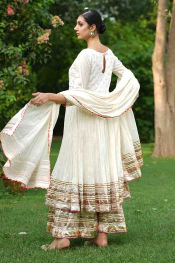 Shop Nazar By Indu White Cotton Embroidery, Gota Patti Round Placement Work Anarkali Palazzo Set at Aza Fashions Shop_Nazar By Indu_White Cotton Embroidery, Gota Patti Round Placement Work Anarkali Palazzo Set _at_Aza_Fashions