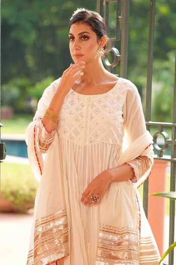 Nazar By Indu White Cotton Embroidery, Gota Patti Round Placement Work Anarkali Palazzo Set Online at Aza Fashions Nazar By Indu_White Cotton Embroidery, Gota Patti Round Placement Work Anarkali Palazzo Set _Online_at_Aza_Fashions