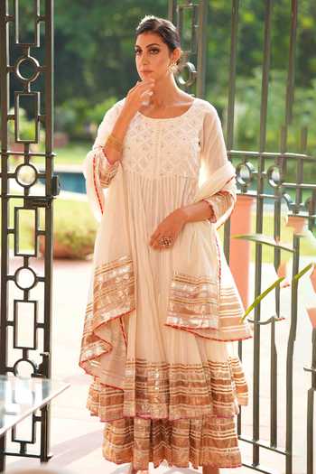 Buy Nazar By Indu White Cotton Embroidery, Gota Patti Round Placement Work Anarkali Palazzo Set Online at Aza Fashions Buy_Nazar By Indu_White Cotton Embroidery, Gota Patti Round Placement Work Anarkali Palazzo Set _Online_at_Aza_Fashions