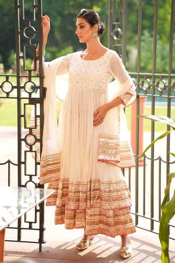 Nazar By Indu White Cotton Embroidery, Gota Patti Round Placement Work Anarkali Palazzo Set at Aza Fashions Nazar By Indu_White Cotton Embroidery, Gota Patti Round Placement Work Anarkali Palazzo Set _at_Aza_Fashions