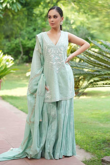 Nazar By Indu Green Cotton Embroidery V-neck Floral Kurta Sharara Set