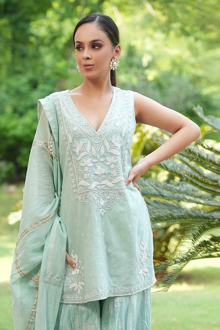 Nazar By Indu_Green Cotton Embroidery V-neck Floral Kurta Sharara Set _Online_at_Aza_Fashions