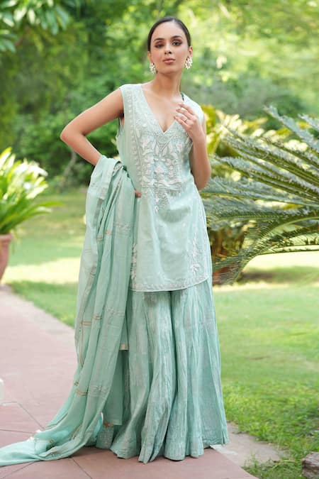 Shop_Nazar By Indu_Green Cotton Embroidery V-neck Floral Kurta Sharara Set _Online_at_Aza_Fashions