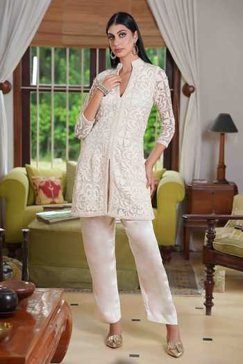 Buy Nazar By Indu Off White Georgette, Modal, Satin Embroidery Pearls Hand Kurta And Pant Set Online at Aza Fashions Buy_Nazar By Indu_Off White Georgette, Modal, Satin Embroidery Pearls Hand Kurta And Pant Set _Online_at_Aza_Fashions