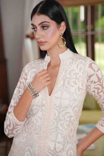 Shop Nazar By Indu Off White Georgette, Modal, Satin Embroidery Pearls Hand Kurta And Pant Set Online at Aza Fashions Shop_Nazar By Indu_Off White Georgette, Modal, Satin Embroidery Pearls Hand Kurta And Pant Set _Online_at_Aza_Fashions