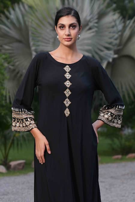 Shop_Nazar By Indu_Black Cotton Embroidery Boat Neck Hand Kurta And Pant Set _Online_at_Aza_Fashions