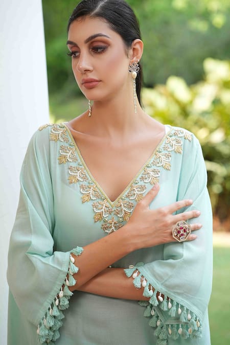 Buy_Nazar By Indu_Green Cotton, Jacquard Tassels V-neck Hand Embroidered Kaftan With Pant _Online_at_Aza_Fashions