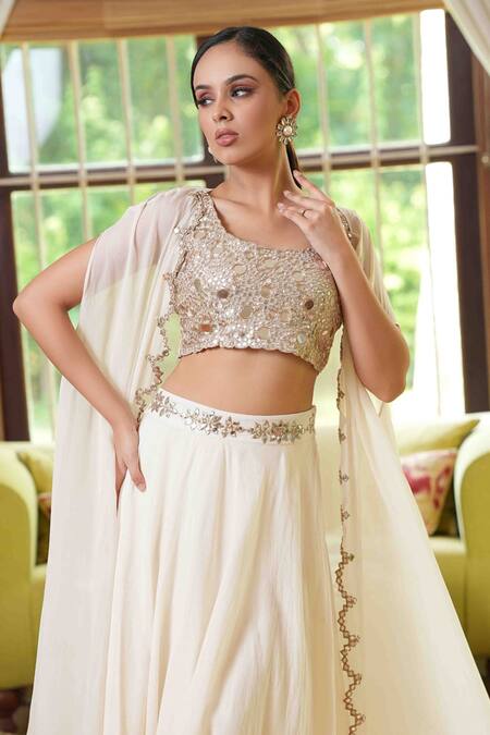 Nazar By Indu_White Georgette Mirrors Round Neck Work Lehenga Set _Online_at_Aza_Fashions