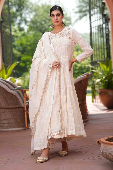 Shop_Nazar By Indu_White Cotton Embroidery Round Neck Frill Anarkali Pant Set _Online_at_Aza_Fashions