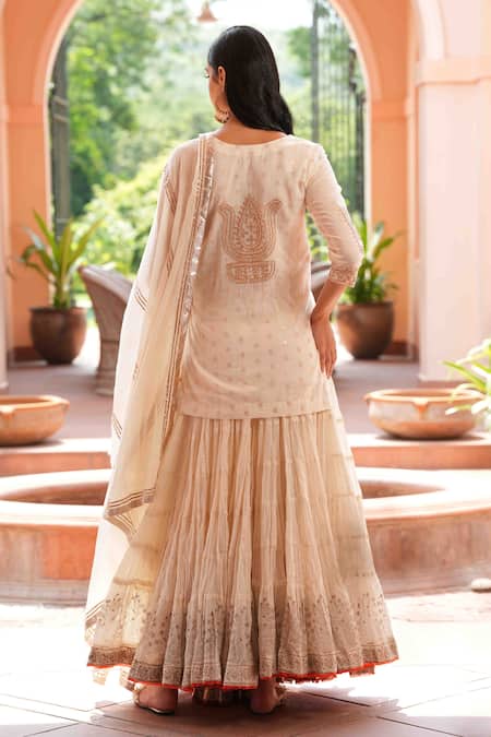 Nazar By Indu_White Cotton Embroidery, Gota Patti Split V-neck Kurta Skirt Set _Online_at_Aza_Fashions