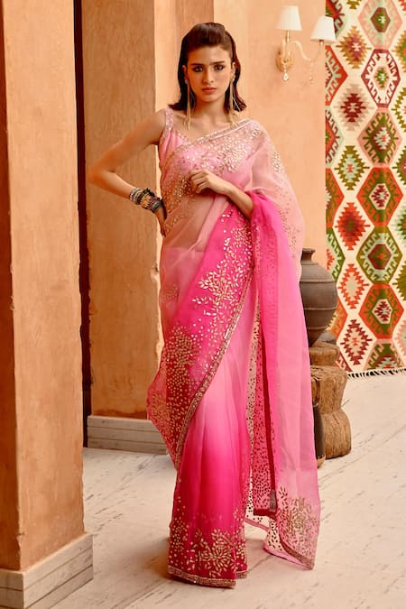 Pallavi Jaipur Pink Blouse- Tussar Gota Embroidered Saree With Blouse