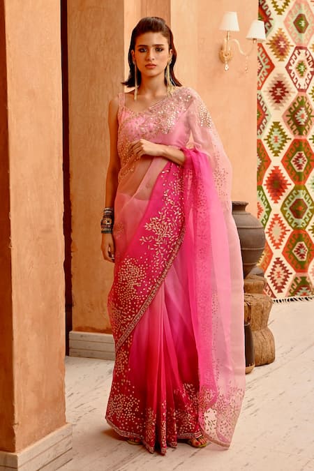 Shop Pallavi Jaipur Pink Organza, Tussar, Cotton Embroidery V-neck Gota Saree With Blouse at Aza Fashions Shop_Pallavi Jaipur_Pink Organza, Tussar, Cotton Embroidery V-neck Gota Saree With Blouse _at_Aza_Fashions