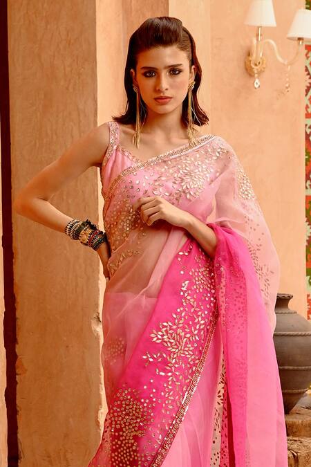 Pallavi Jaipur Pink Organza, Tussar, Cotton Embroidery V-neck Gota Saree With Blouse Online at Aza Fashions Pallavi Jaipur_Pink Organza, Tussar, Cotton Embroidery V-neck Gota Saree With Blouse _Online_at_Aza_Fashions