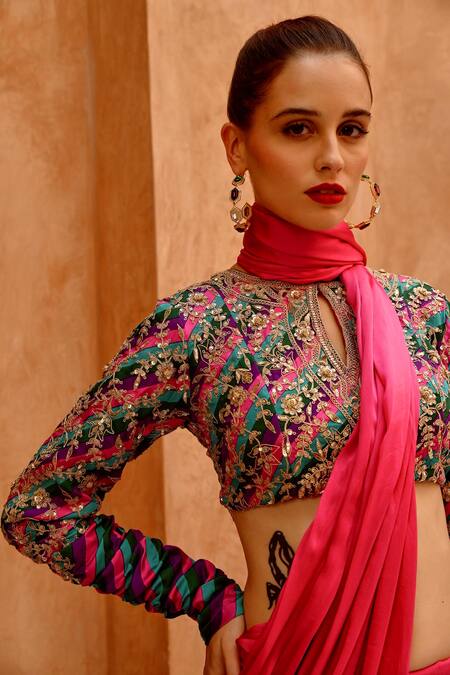 Shop Pallavi Jaipur Pink , Satin Beads Keyhole Neck Pre-draped Saree With Queen Blouse Online at Aza Fashions Shop_Pallavi Jaipur_Pink , Satin Beads Keyhole Neck Pre-draped Saree With Queen Blouse _Online_at_Aza_Fashions